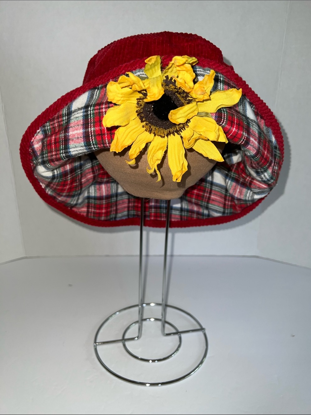 Kids Red Corduroy Bucket Hat with Plaid Lining and Sunflower Accent